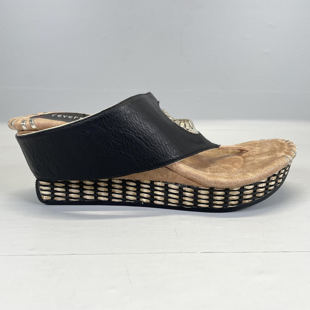 Modzori Reversibles Wedge Sandals Womens Size 7 Black Beige Leather Strap Shoes